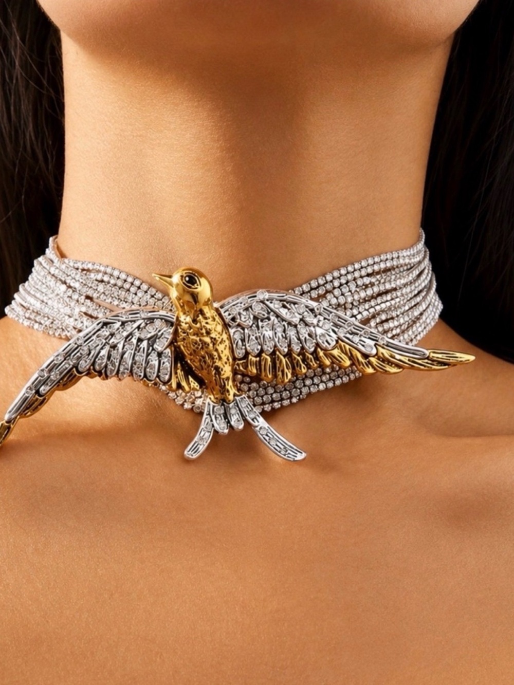 Two-Tone Gold and Silver Crystal Statement Bird Choker Necklace